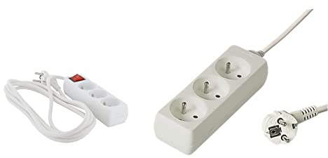 Chacon multiprise 3 x 16 A avec interrupteur- 3m & PremiumCord Multiprise 5m, 3 Prises, Rallonge 230V, 3 Prises Françaises Tournées à 45°, Multiprise de Qualité avec Sécurité Enfant, Couleur Blanc
