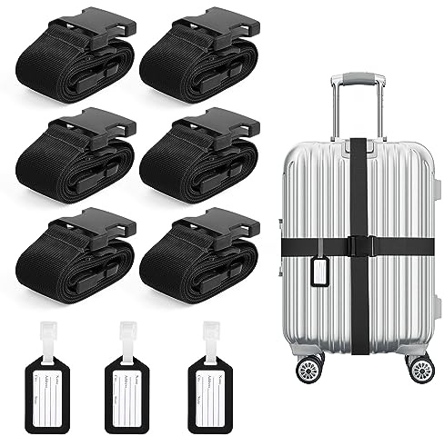 flintronic 6-Stück Premium Gepäckgurt Koffergurt Kofferband Einstellbare rutschfest Gepäckband Lang kofferbänder Luggage Strap + 3 Stück Kofferanhänger Sicher Reisen für Koffer - Schwarz