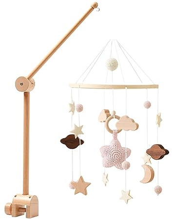 Surakey Mobile Bébé Bois, Bebe Musical, Carillon De Vent Étoile Tricotée à La Main - Décoration Chambre pour Fille Et Garçon, Maison, Ornements, Suspendus Porte