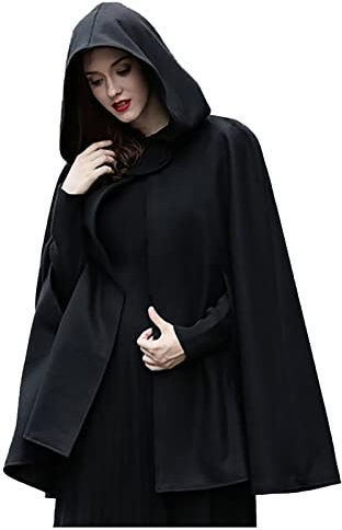 Wollen Cape with Hood Women's Vintage Plain Poncho Robe Halloween Costume Lightweight Trench Coat Windproof Jacket Cape Coat Open Front Cardigan Medieval Clothing Autumn Winter Outwear, black, L