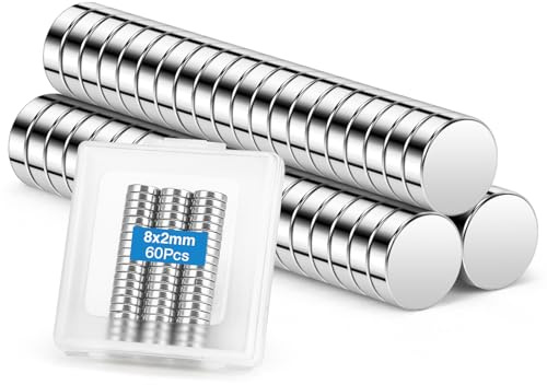 Wzone 8x2mm Aimants en Néodyme, 60 pièces Petit Aimant Mini Terres Rares Aimant pour Réfrigérateur, Tableau Blanc Interactif, Images, Porte, Carte, Modèle, Bricolage
