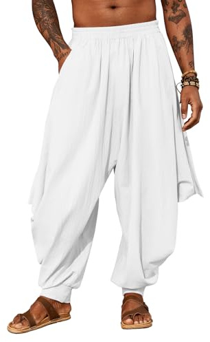 PASLTER Mens Harem Pants Linen Yoga Beach Baggy Summer Boho Aladdin Genie Pants White