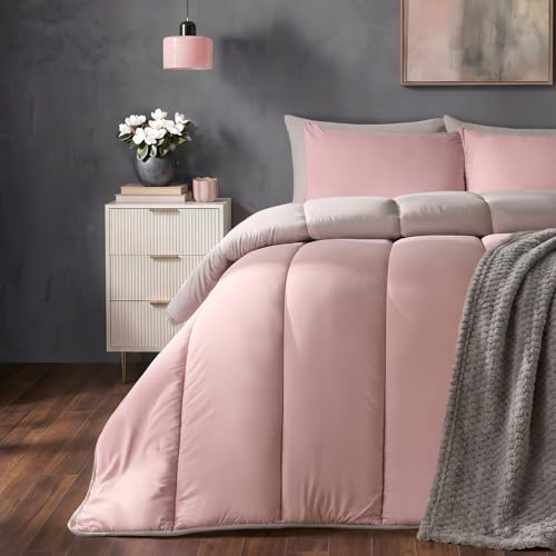 OHS Coverless Duvet Double, 10.5 Tog Reversible Soft Warm Microfibre Comfy Coverless Duvet Summer Winter Camping Blanket Washable Quilt Bedding Double Duvets with Pillowcases, Blush Pink/Grey