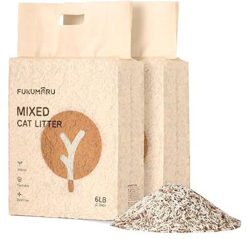 FUKUMARU Tofu Cat Litter, 5.4Kg Clumping Litter, Dust Free Unscented Tofu Litter, Direct to Toliet, Natural, Lightweight and Low Tracking Cat Litter Pellets Mixed Apple Wood, 24/7 Odor Control