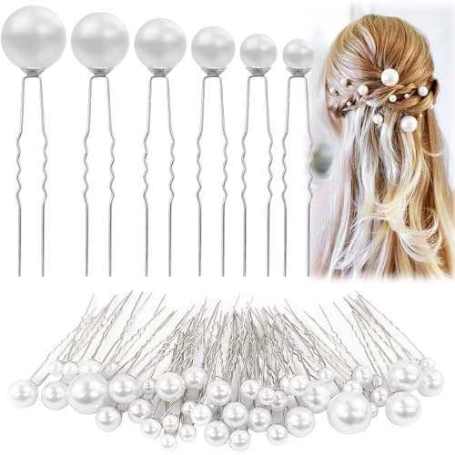 Hengxinchen 50 Stück U-Form Haarnadeln mit Perlen in Gold für Hochzeit und Brautjungfernfrisuren (Silber)