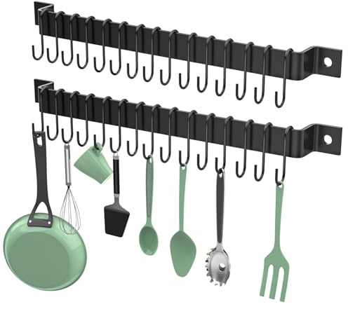 Housolution 2 Pack Kitchen Rail with 15 Hooks, 16 Inch Wall Mounted Hanging Utensil Rack Hanger for Kitchen