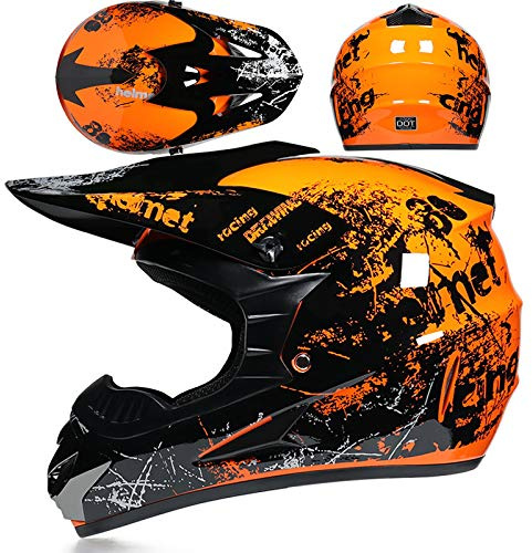 SMTSEC Motorradhelm Cross Damen Herren Full Face MTB Helm Motocross Helm DOT/ECE-Zertifizierter Mit Schutzbrillen Maske Handschuhe Downhill Helm Mopedhelm Schutzhelm Für Cruiser Chopper,Orange/B-M