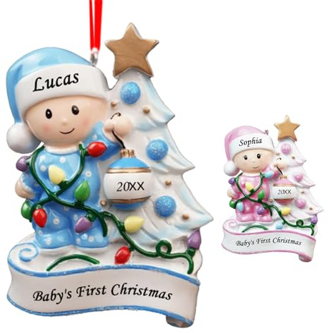 witfox 2025 Personalisierte Weihnachtsanhänger mit Name und Datum - Baby's erste Weihnachten Ornament, Weihnachtskugeln Personalisierte Geschenke für Babys Söhne Enkel, Blau