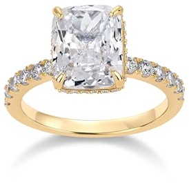 PAVOI 14K Yellow Gold Plated Square Radiant Engagement Ring for Women | Hidden Halo Ring | Size 5