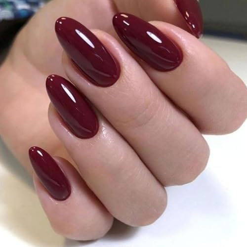 LunarCharm Lot de 30 ongles press-on rouge vin, faux ongles courts en forme d'amande, kit d'ongles réutilisable avec colle à ongles, bandes adhésives et lime à ongles, Rouge