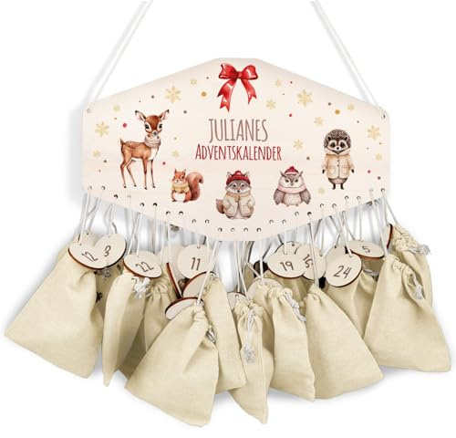 GRAVURZEILE Adventskalender aus Holz - Waldtiere - Personalisiert mit Namen - DIY Adventskalender für Kinder - Optional mit Leinensäckchen - Weihnachtsdeko für Kinderzimmer