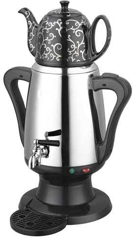 Electric Turkish Tea Maker, 4L Double Wall Stainless Steel Hot Water Kettle with 1L Ceramic Tea Cup, Anti Scald Handle - Perfect for Russian and Turkish Tea