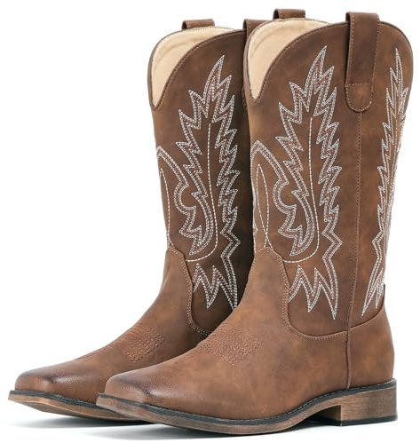 IUV Cowboy Boots For Women Square Toe Wide Western Boots Mid Calf Cowgirl Boots Pull On Embroidered Brown Cowboy Boots