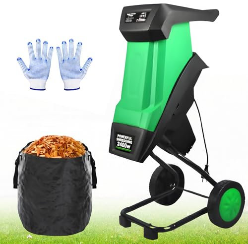 2400W Electric Garden Shredder, 4500RPM Portable Wood Chipper with 50L Collection Bag & 12 pairs of gloves, 39mm Cutting Diameter, Leaf Mulcher Branch Compost Shredder for Garden, Yard