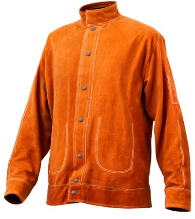 VEVOR Chaqueta de Soldador Resistente al Fuego, M, Piel de Vaca, Impermeable, Botones a Presión, 4 Bolsillos y Puños Ajustables para Soldadores Acerías, 711,2 x 1219,2 x 838,2 mm, Marrón Amarillo