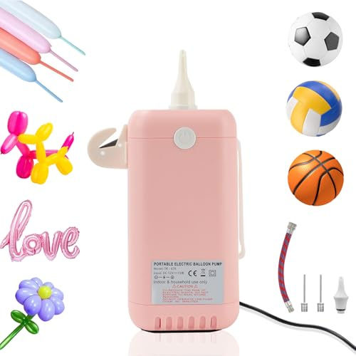 PlusFive Elektrische Ballonpumpe für Modellierballons, Tragbare Ballonpumpe Elektrisch Ball pumpe mit Ballpumpe Nadeln Luftballonpumpe für 260Q Lange Ballons Folienballons Sportbälle Party Deko(Rosa)