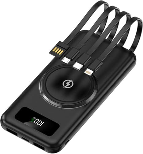 Power Bank 20000mAh con 4 Cavi Integrati,Ricarica rapida wireless,Caricatore Portatile USB C Batteria Esterna,2 Ingressi Compatibile con iPhone Samsung Huawei Xiaomi