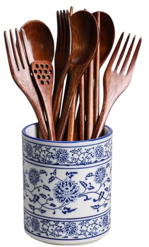 123Arts Utensil Holder,Blue and White Ceramic Utensil Crock,Chopstick Storage Kitchen Decor