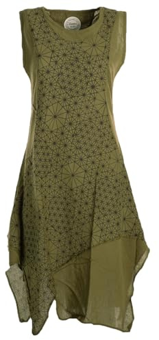 Vishes Alternative Bekleidung - Damen knielanges Kleid Baumwolle Geometrisch Lagenlook Armlos Olive 38