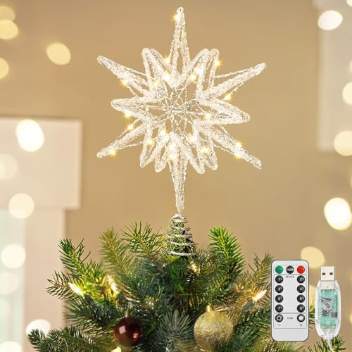 Luxspire Weihnachtsbaumspitze, beleuchtet Stern Baumspitze mit USB Plug-in&Fernbedienung, 9,8 LED Metall Dekorationen Licht, Xmas Baum Vintage Modern Ornament für Home Party, Crystal Hexagram-Silver