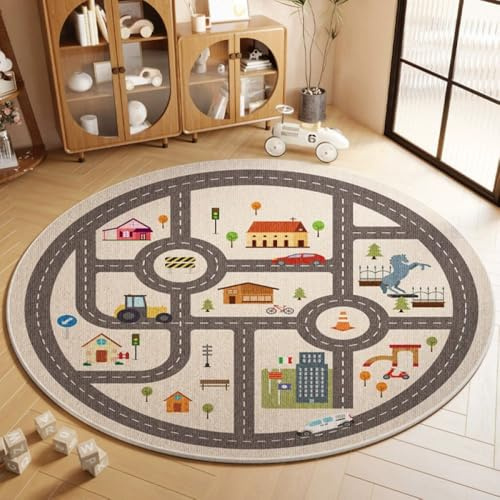 Nyescasa Teppich Kinderzimmer Kinderteppich Rund Spielteppich Auto Spielmatte Junge Mädchen Modern Waschbar rutschfest Teppich für Schlafzimmer Spielzimme 160cm Rund