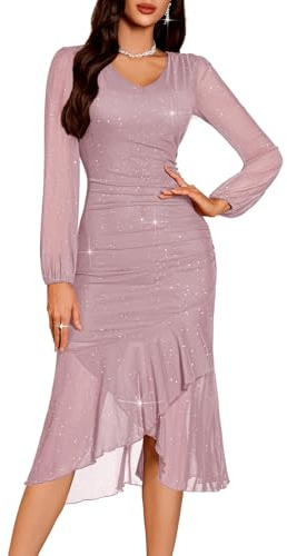 DRESSTELLS Cocktail Dresses for Women UK, Sparkly Long Sleeve Aline Bodycon Split Formal Sequin Modest Wedding Guest Evening Bridesmaid Dress Blush M