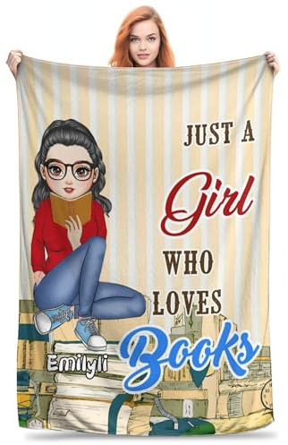 Just a Girl Who Loves Books Blanket, Personalized Reading Throw Blanket for Book Lovers Women, Christmas Graduation Birthday Gifts for Bookworm Readers Librarian, Book Club Room Home Decor (Style 04)