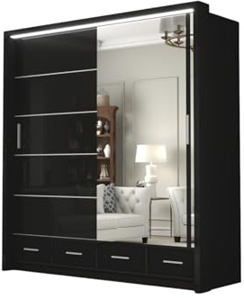 DELUXEWARE Modern 2 & 3 High Gloss Sliding Door Wardrobe with Mirror & Led Light – MDF Bedroom Wardrobe with Drawers, Hanging Rail, & Shelves for Bedroom Furniture (Black, 208cm)