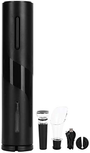 USB 4in1 Electric Wine Bottle Opener Corkscrew Set, Black, Rechargeable with Pourer Foil Cutter Vacuum Stopper - Automatic Easy Operation, Wine Preservation for Enthusiasts