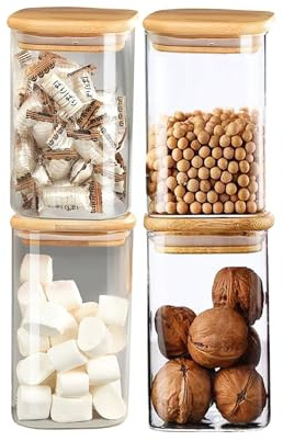 simpa Square Glass Storage Jar with Airtight Bamboo Lids, Set of 4, 1100ml Multipurpose Kitchen Pantry Food Storage Containers.
