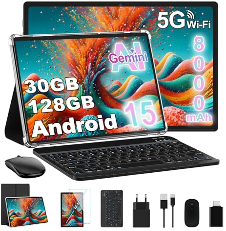 10 Pollici Tablet 30GB+128GB, 8000mAh, Android 15, FHD IPS, Processore Octa-Core, Certificazione GMS/ Widevine L1/ Controllo Parentale, Corpo in Metallo Tablets PC con Tastiera, Mouse -Nero classico
