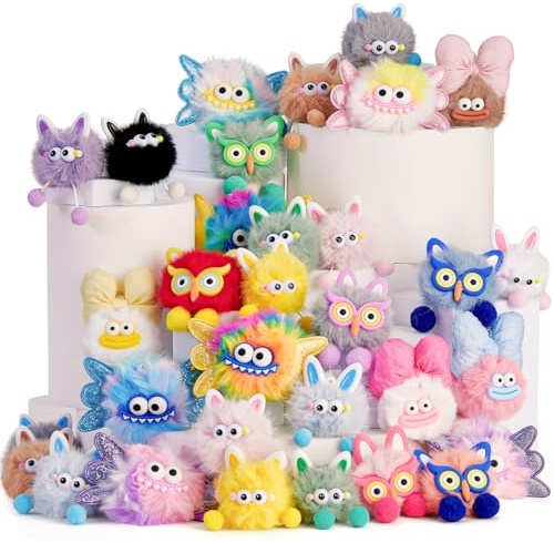 Tacobear 24 Stück Pom Pom Schlüsselanhänger Mitgebsel Kindergeburtstag, Plüsch Anhänger Set mit Monster und Tieren für Rucksack Deko, Pinata Füllung, Party Gastgeschenke Kinder Mädchen Junge