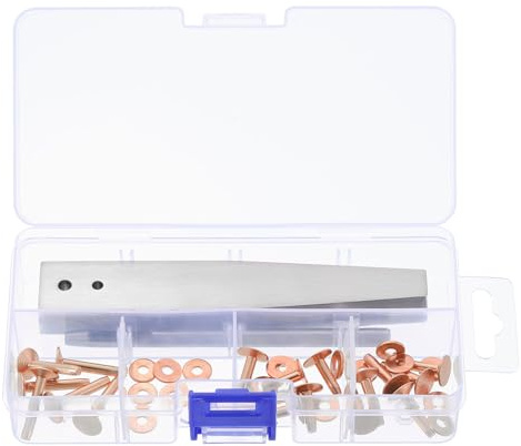 QUARKZMAN 18Set 3 Tailles Rivets Et Rondelles En Cuivre Kit Assortiment, Solide Attache En Cuir Avec Rondelle Et Outil D'Installation Pour Rivets Pour Artisanales En Cuir DIY, Ton Cuivré