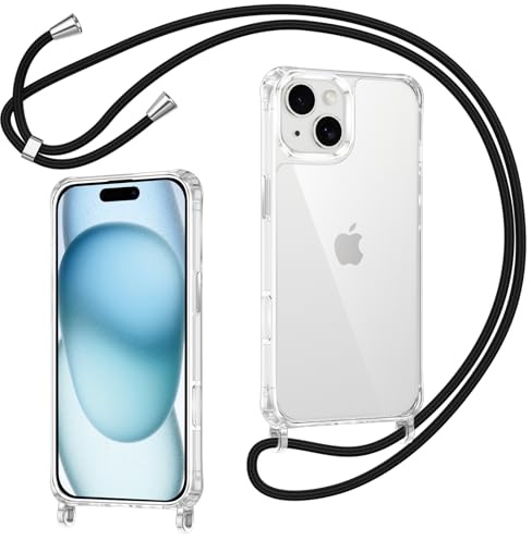 Coiwxmoi Handyband für iPhone 15 Hülle mit Band, Ultra Dünn Transparent [Anti-Vergilbung] Handyhülle mit Kordel zum Umhängen TPU Silikon Bumper Stoßfeste Schutzhülle Cover für iPhone 15, Schwarz