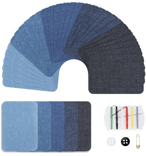 30 Piezas Parches Termoadhesivos Vaqueros - Kit de Reparación Pantalones y Ropa (7,5 x 10,5 cm) - Parches Denim 5 Colores con Kit de Costura - Rodilleras para Planchar Adultos y Niños