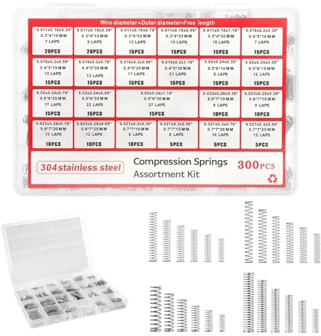 HENGBIRD compressionsfjäder sortiment 300 st – rostfria fjädertrådar 304 metallfjäder 23 mått, organisationslåda – För DIY-reparation, verkstad, garage, elektronik, gardiner