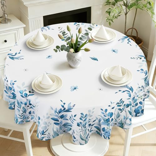 hometrixx Nappe Ronde 180cm Feuilles Fleurs Eucalyptus Été Bleu Blanc | Anti Tache Nappe de Table, Facile à Nettoyer, Lavable Imperméable Polyester, pour Salle à Manger Jardin fête ou Maisonr
