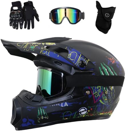 Full Face MTB Motocross Helmet, with Goggles Gloves Mask, Youth Kid Dual Sport Off Road ATV Scooter Motorbike Helmet, Downhill Quad Dirt Bike Enduro Crash Helmets