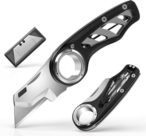Profi Falt-Cuttermesser mit rutschfestem Fingerring & Aluminiumlegierung, werkzeugloser Klingenwechsel, inkl. 5 SK5-Klingen, ergonomisches Schneidmesser für Handwerk, Lager, Bau & Umzüge(Schwarz)