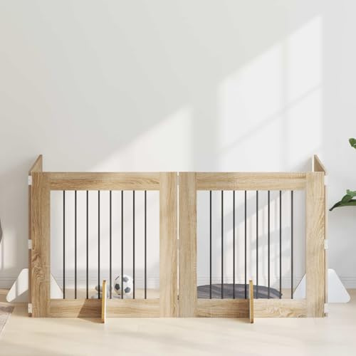 QUAHEAS Hundetor mit Ständern faltbar aus Metall und Holz, 4-teilig, Sonoma-Eiche, 80 x 80 cm, modularer Hundezwinger für drinnen und draußen, tragbar, ideal als Absperrung für Welpen, Garten