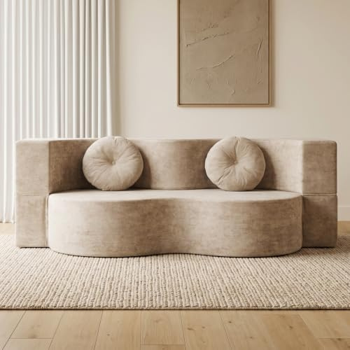 Armana Canapé 2/3 Places Elise en Tissu Beige, Convertible en lit, 200cm, Confortable, Multifonctionnel, Moderne, livré compressé (Beige)