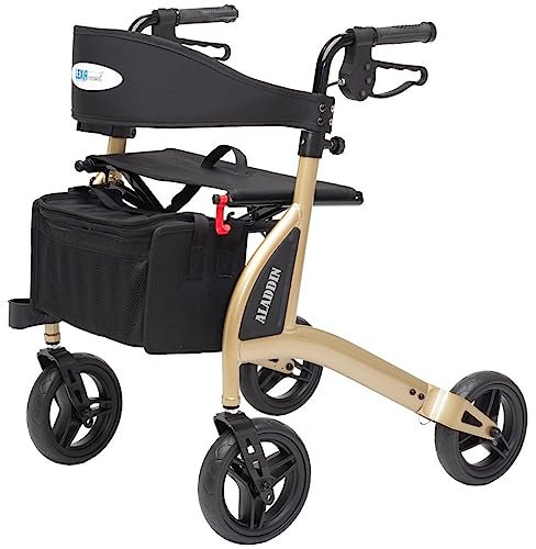 Lexamed Leichtgewicht Rollator ALADDIN - klappbarer Rollator mit Derbygriffen - Aluminium Rollator mit einstellbarer Griffhöhe, Stockhalter + Netztasche - Gewicht 5,6kg - 120kg Tragkraft - champagner
