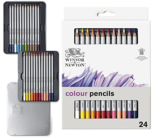 Winsor & Newton Studio Collection färgpennor, 24 mjuka kärnritpennor, premium konstnärskvalitet, för skissning, blandning, skuggning och skiktning