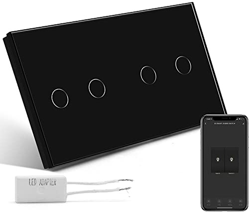 BSEED Táctil Dimmer (NON-WIFI) 2 Gang 1 Way y Interruptor WIFI 2 Gang 1 Way (Se Necesita Cable Neutro) Compatible con Alexa/Tuya/Gloogle Home,Panel de Vidrio 157 * 86 Interruptor de Luz de Pared Negro