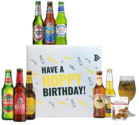 Lager Hoppy Birthday Selection Gift Set with Glass (8 Pack) | World Beer Gift Set, For Men, For Her, Birthdays, Anniversary, Christmas, Colleague, For Dad