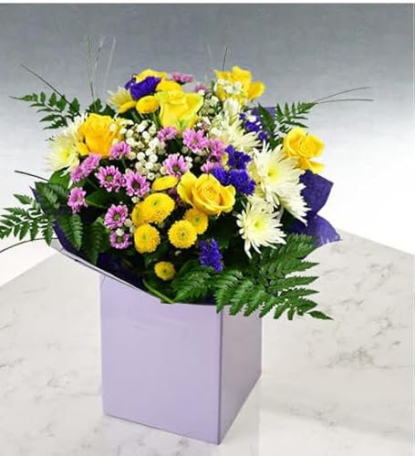 Cheers Fresh Bouquet with Yellow Roses, Pink Santini, Purple and White Seasonal Flowers, Floral Arrangement for Birthday, Mother’s Day, Anniversary, Housewarming or Festive Occasion Gift