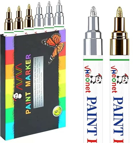 AVAVA 3 Gold and 3 Sliver Paint Pens, Oil Based Waterproof Paint Markers Pen, Medium Tip Permanent Marker Pens for Rocks Painting, Fabric, Metal, Glass, Wood, Plastic, Ceramic, Mugs, DIY Craft