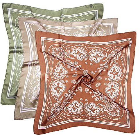 DOOBO 3 foulard in raso da 60 cm, sciarpa per capelli in seta, bandana in seta, sciarpa per collo per donne e ragazze, Marrone, cachi, verde chiaro, taglia unica