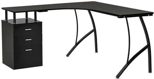 HOMCOM Escritorio Esquinero para Ordenador Escritorio en Forma de L con 3 Cajones Mesa Moderna para Oficina Estudio 143,5x143,5x76 cm Negro