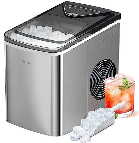 Silonn máquina de cubitos de hielo, 9 cubitos listos en 6 minutos 12 KG en 24 horas, autolimpiante pequeña máquina de cubitos de hielo con cuchara de hielo y cesta para cocina, oficina, bar y fiesta